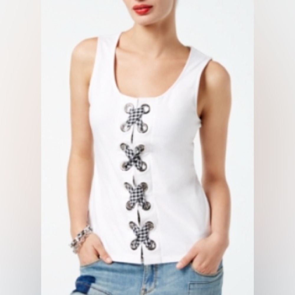 Inc International Concepts Medium Gingham Black & White Lace-Up White Tank Top